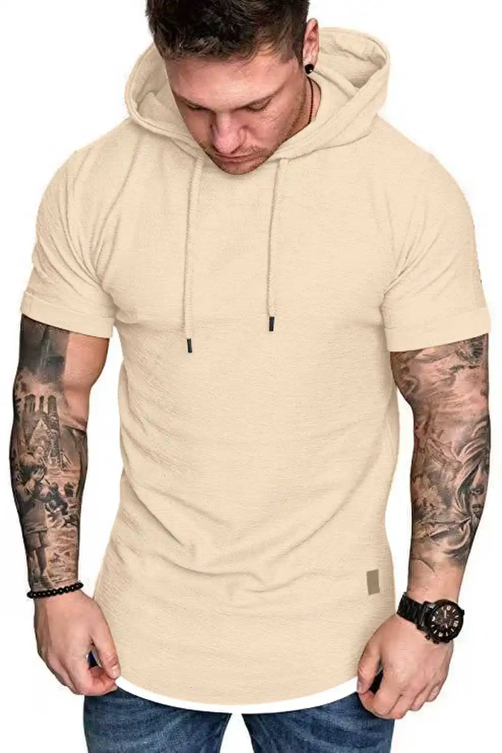 New summer hooded T-shirt men’s solid color men’s short sleeve T-shirt hoodie