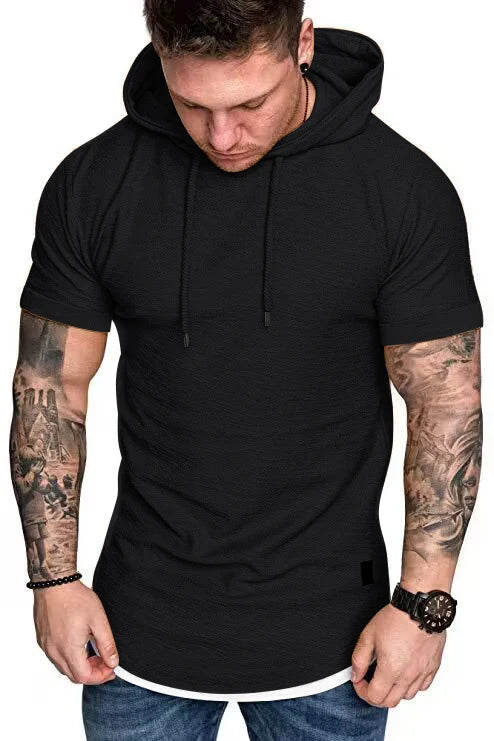 New summer hooded T-shirt men’s solid color men’s short sleeve T-shirt hoodie