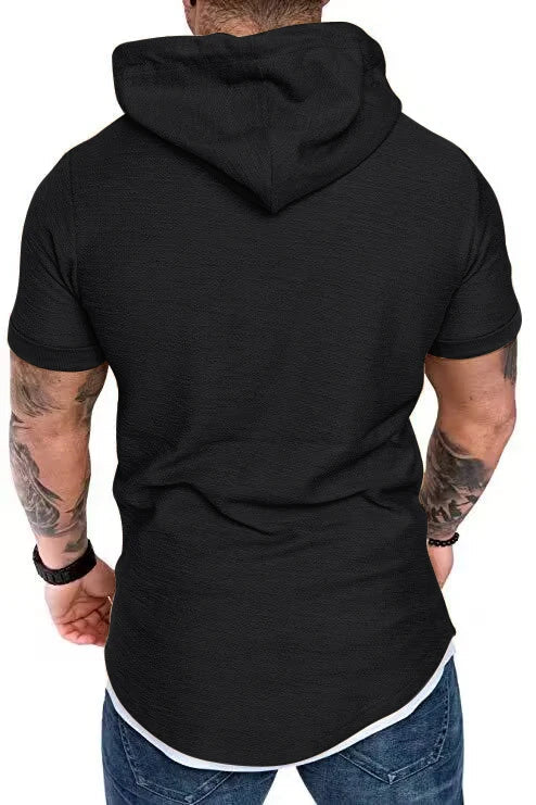 New summer hooded T-shirt men’s solid color men’s short sleeve T-shirt hoodie