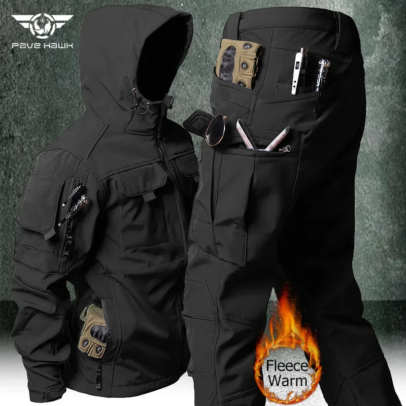 Outdoor Tactical Set Men Military Multi-pocket Hooded Work Jacket + Windproof Waterproof Fleece Cargo Pants Winter