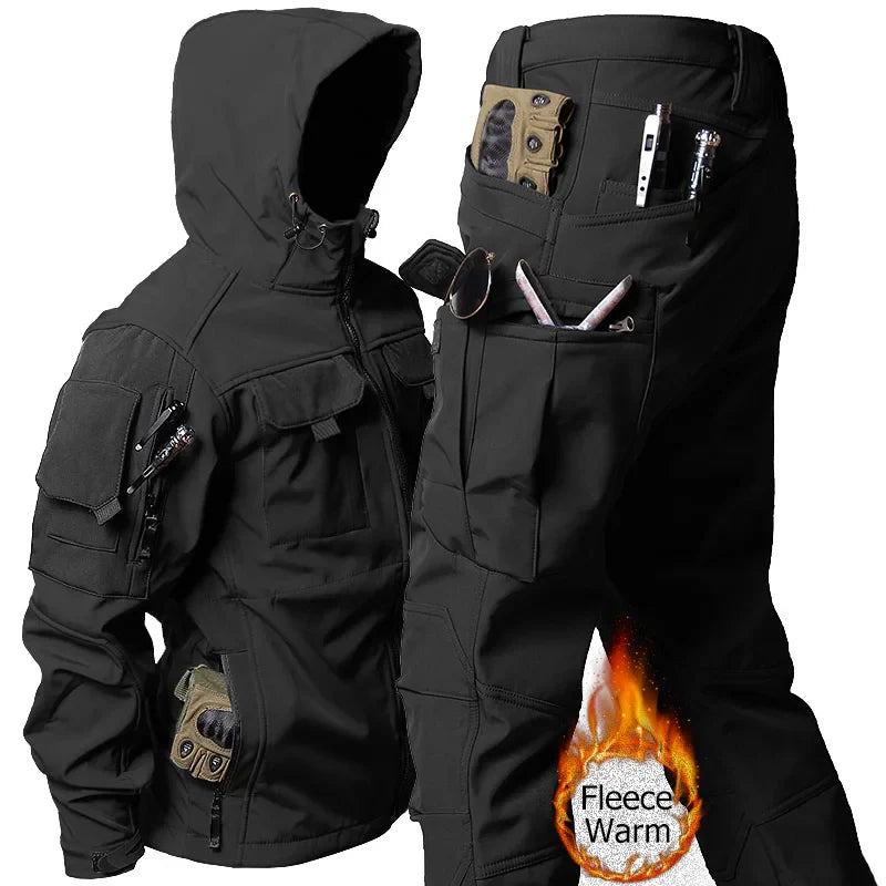 Outdoor Tactical Set Men Military Multi-pocket Hooded Work Jacket + Windproof Waterproof Fleece Cargo Pants Winter