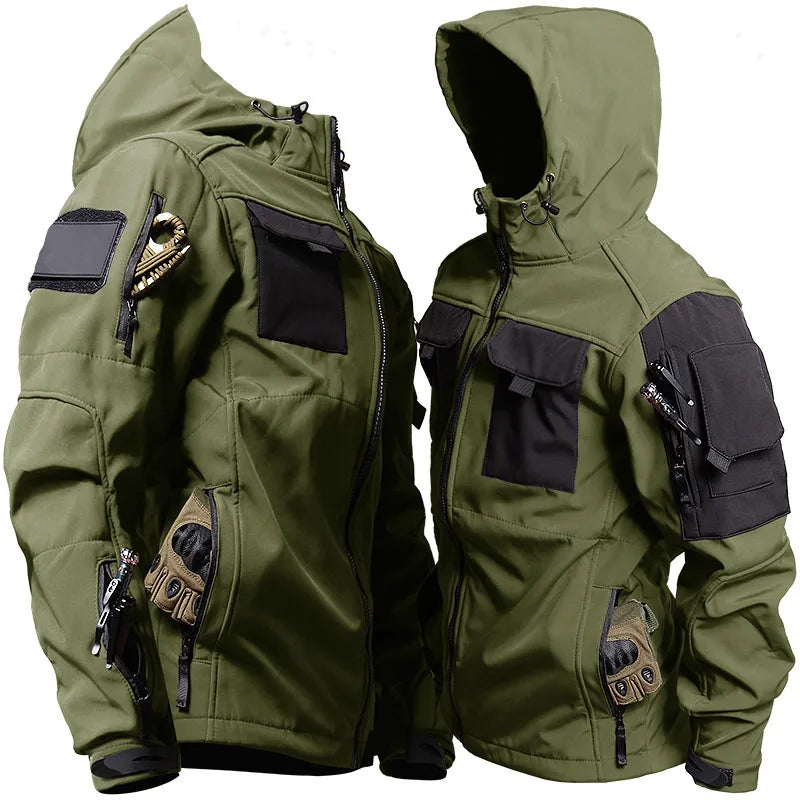 Outdoor Tactical Set Men Military Multi-pocket Hooded Work Jacket + Windproof Waterproof Fleece Cargo Pants Winter