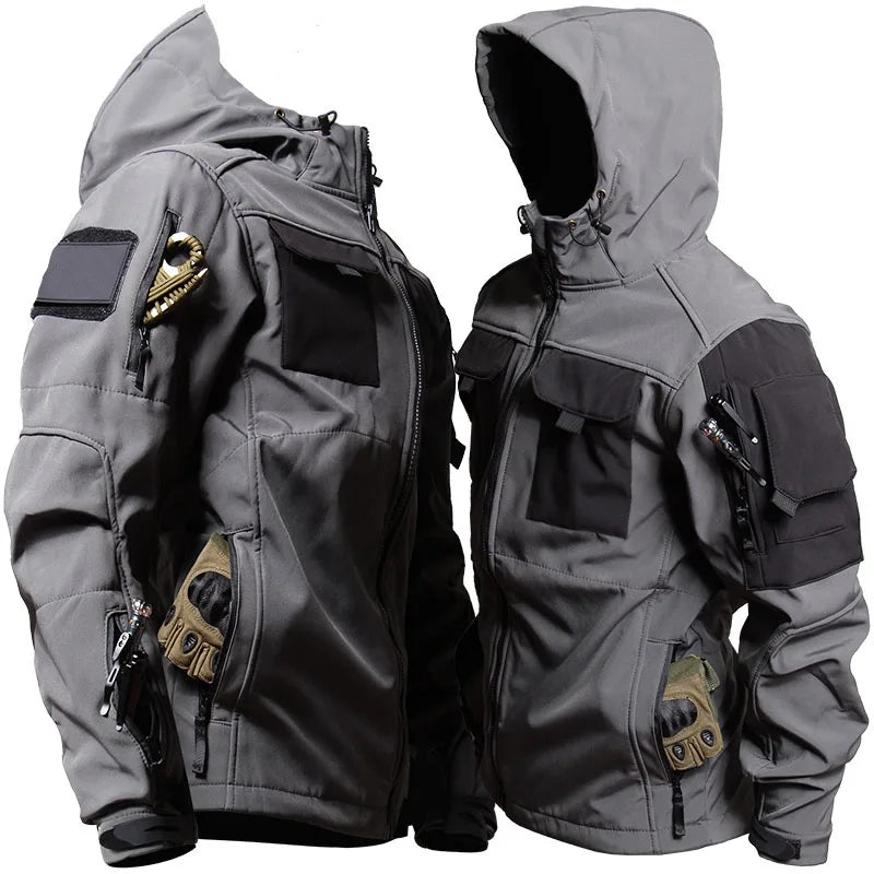 Outdoor Tactical Set Men Military Multi-pocket Hooded Work Jacket + Windproof Waterproof Fleece Cargo Pants Winter