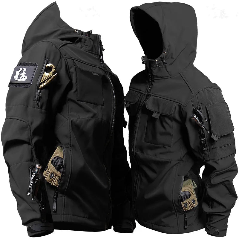 Outdoor Tactical Set Men Military Multi-pocket Hooded Work Jacket + Windproof Waterproof Fleece Cargo Pants Winter