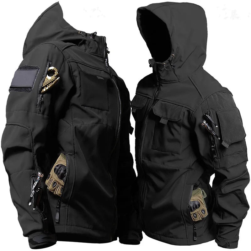 Outdoor Tactical Set Men Military Multi-pocket Hooded Work Jacket + Windproof Waterproof Fleece Cargo Pants Winter