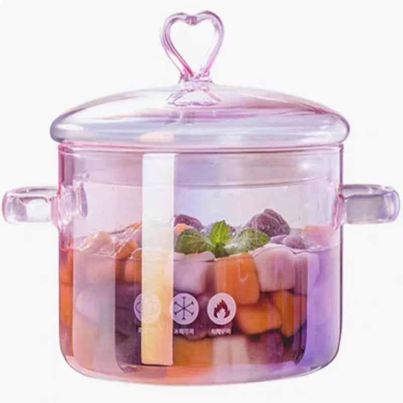 Pink Glass Pot Versatile Transparent Soup Stock Pots Binaural Handle Pots Noodle Soup Bowl Heat-resistant Kitchen