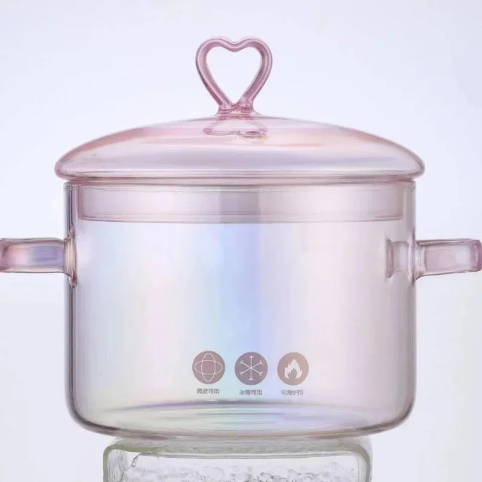 Pink Glass Pot Versatile Transparent Soup Stock Pots Binaural Handle Pots Noodle Soup Bowl Heat-resistant Kitchen