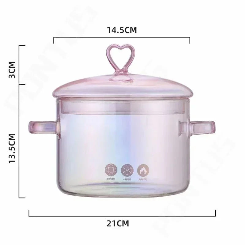 Pink Glass Pot Versatile Transparent Soup Stock Pots Binaural Handle Pots Noodle Soup Bowl Heat-resistant Kitchen