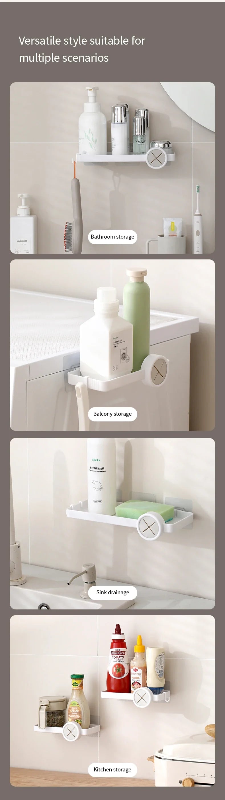 Plastic Bathroom Shelf Drill-Free Wall-Mounted Draining Rack Washstand Storage for Bath/Toilet Kitchen Condiment Rack