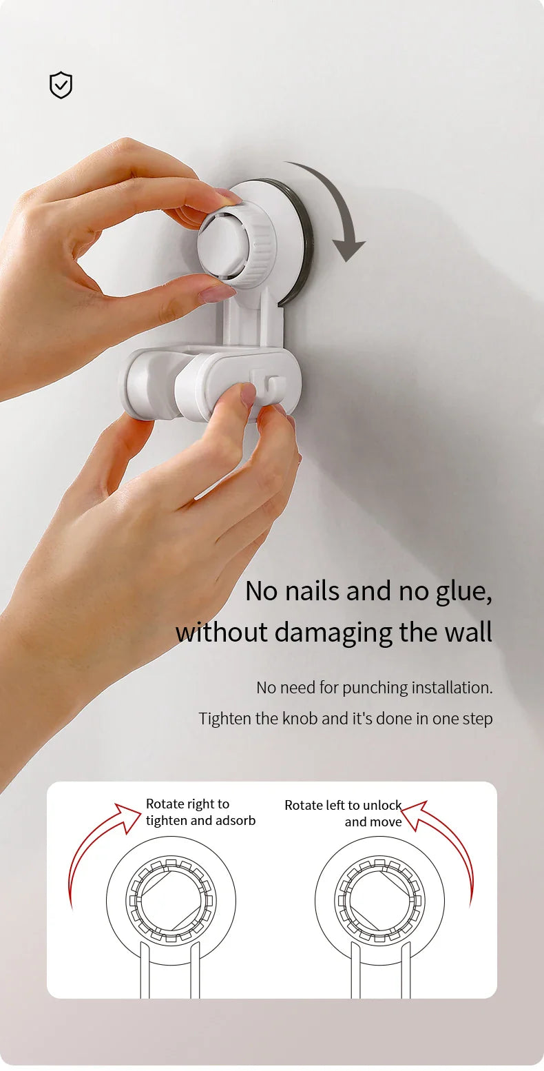 Punch-Free Adjustable Suction Cup Shower Holder with Storage Hook Household Movable Shower Holder Bathroom Plastic Hook