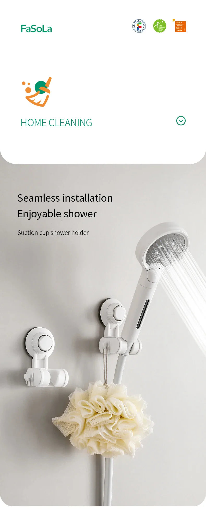 Punch-Free Adjustable Suction Cup Shower Holder with Storage Hook Household Movable Shower Holder Bathroom Plastic Hook