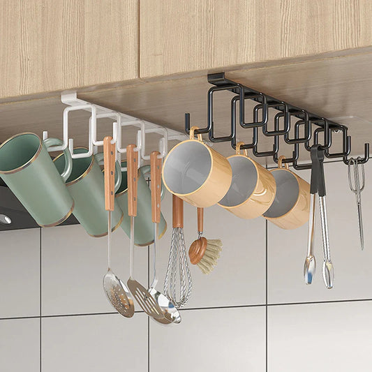 Punch-free Double-row Hooks Kitchen Under Cupboard Shelf Mug Cup Hanger Hook Iron Hanging Rack Holder Kitchen Cabinet