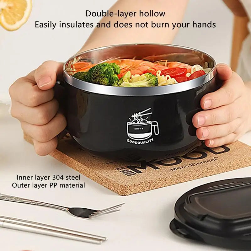 Ramen Bowl with Lid and folding tableware 1000ml Instant Noodle Bowl with Handle Soup Cereal Dormitory Kitchen