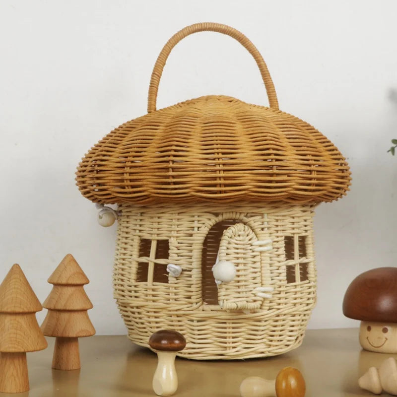 Rattan Mushroom Basket Cute Woven Nut Willow Wicker Picnic Storage Basket Outdoor Kid Children Handbag Women Straw Bag