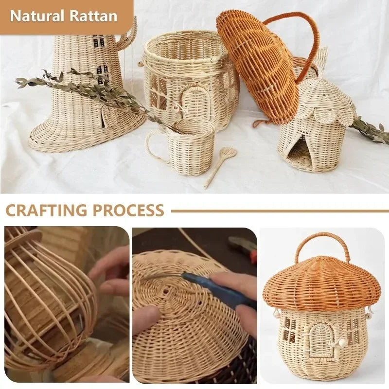 Rattan Mushroom Basket Cute Woven Nut Willow Wicker Picnic Storage Basket Outdoor Kid Children Handbag Women Straw Bag