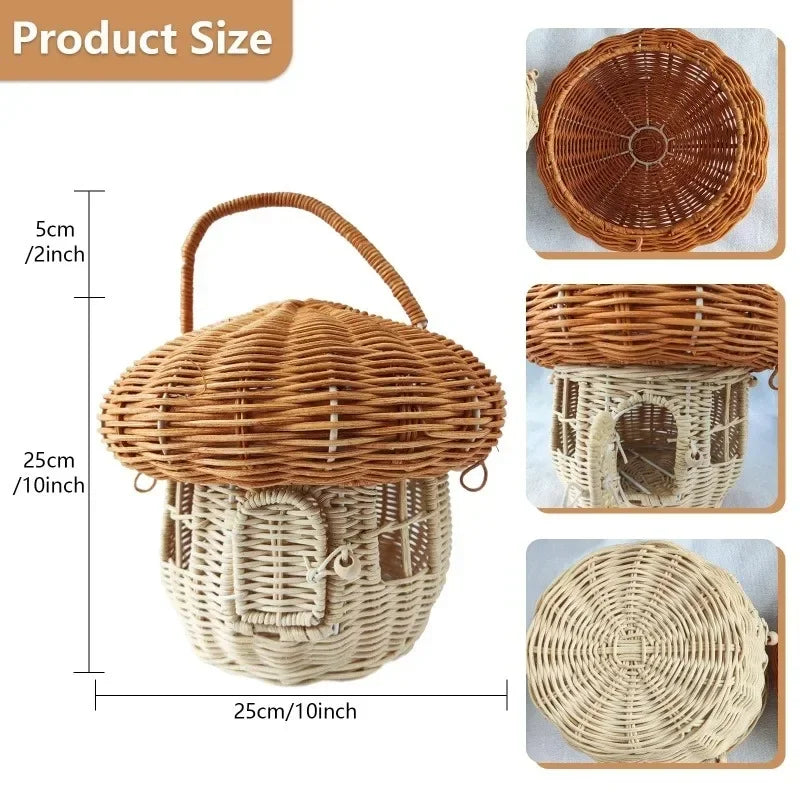 Rattan Mushroom Basket Cute Woven Nut Willow Wicker Picnic Storage Basket Outdoor Kid Children Handbag Women Straw Bag