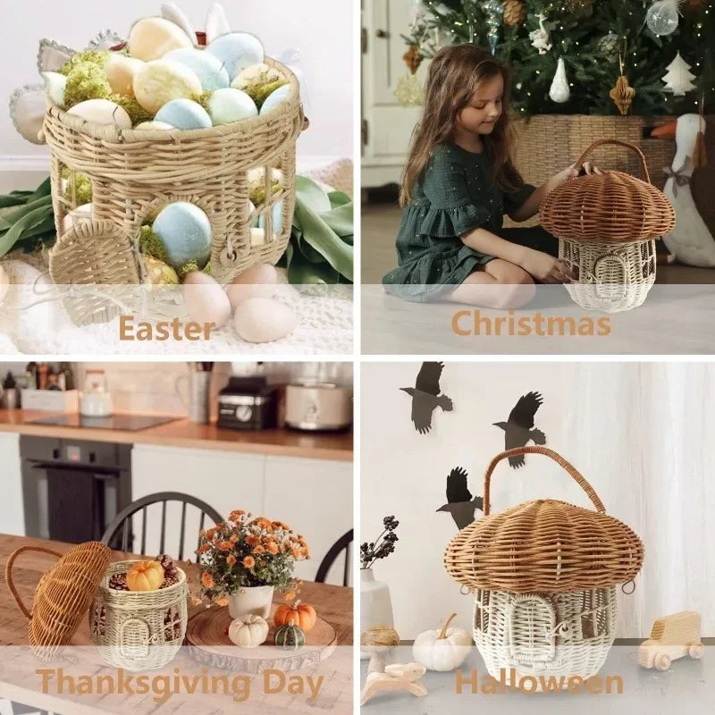 Rattan Mushroom Basket Cute Woven Nut Willow Wicker Picnic Storage Basket Outdoor Kid Children Handbag Women Straw Bag