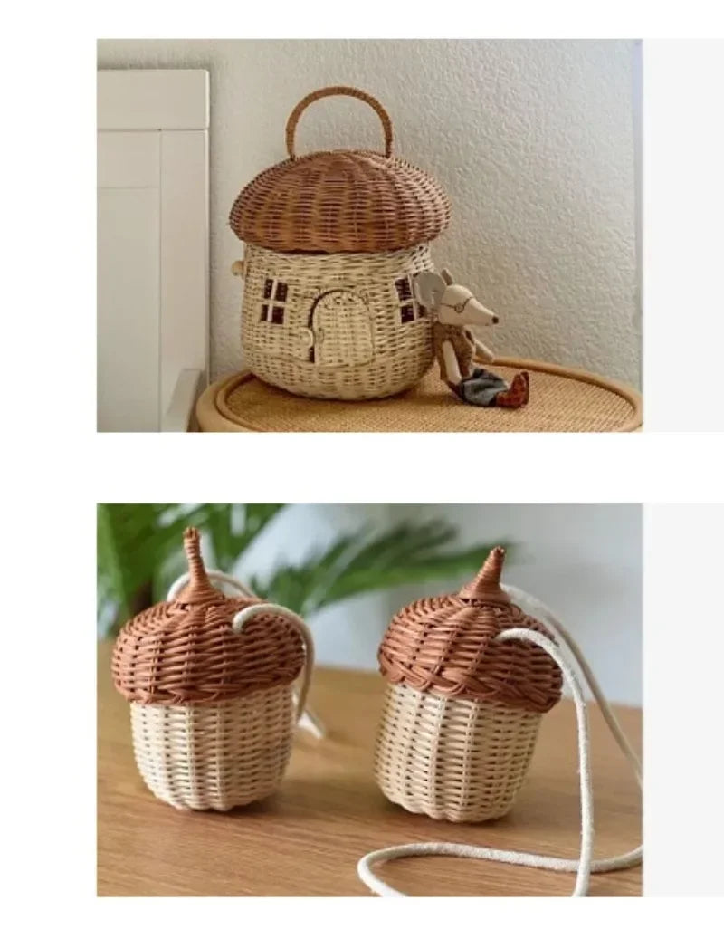 Rattan Mushroom Basket Cute Woven Nut Willow Wicker Picnic Storage Basket Outdoor Kid Children Handbag Women Straw Bag