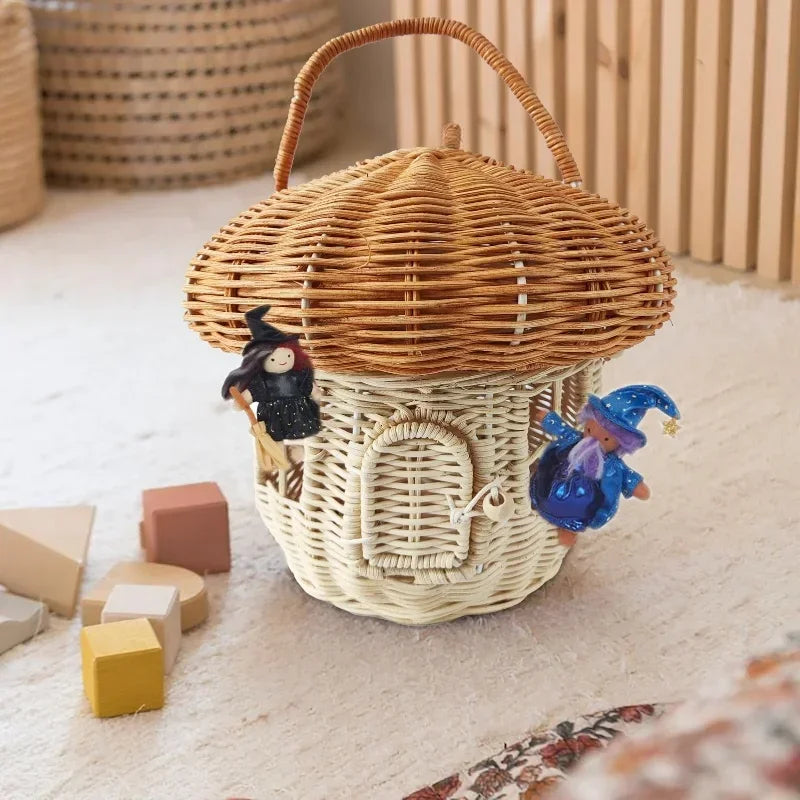 Rattan Mushroom Basket Cute Woven Nut Willow Wicker Picnic Storage Basket Outdoor Kid Children Handbag Women Straw Bag