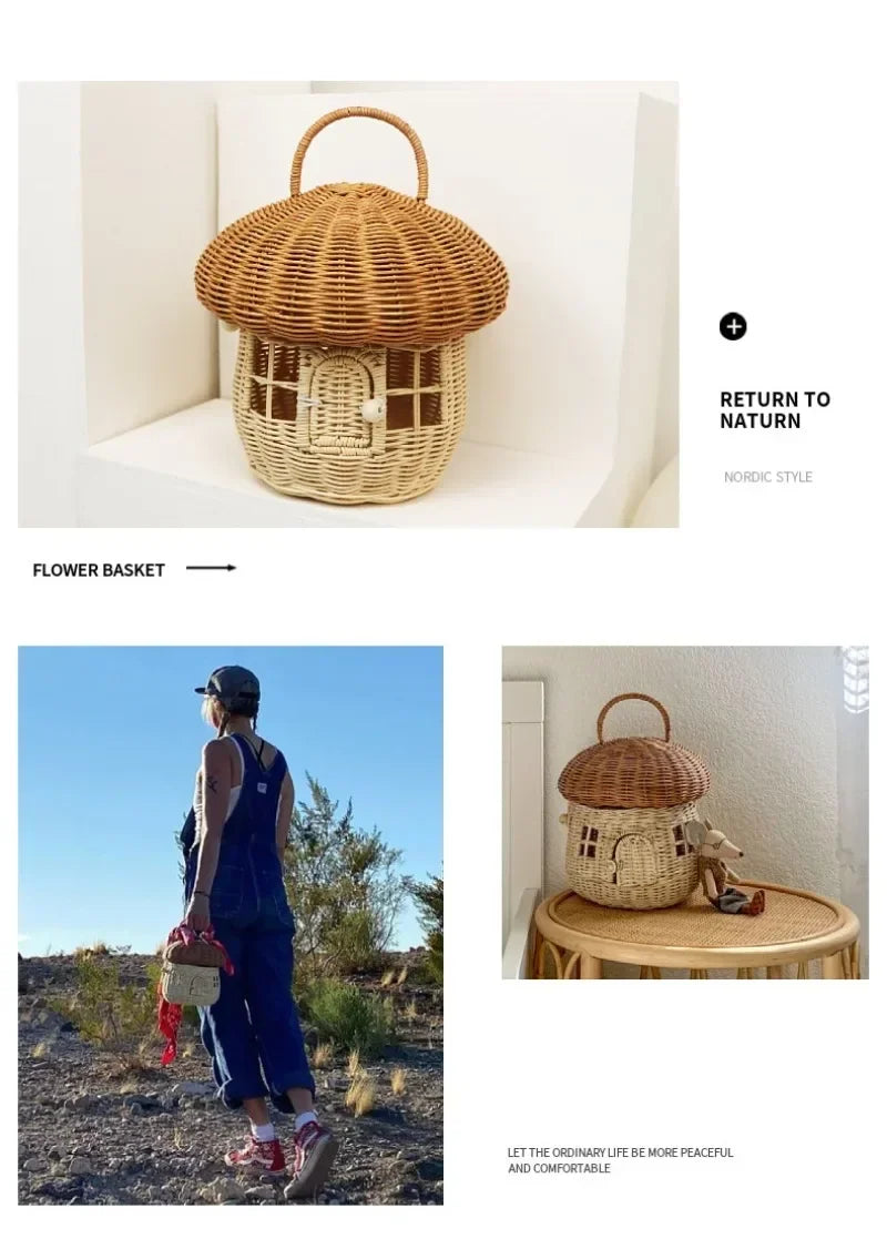 Rattan Mushroom Basket Cute Woven Nut Willow Wicker Picnic Storage Basket Outdoor Kid Children Handbag Women Straw Bag