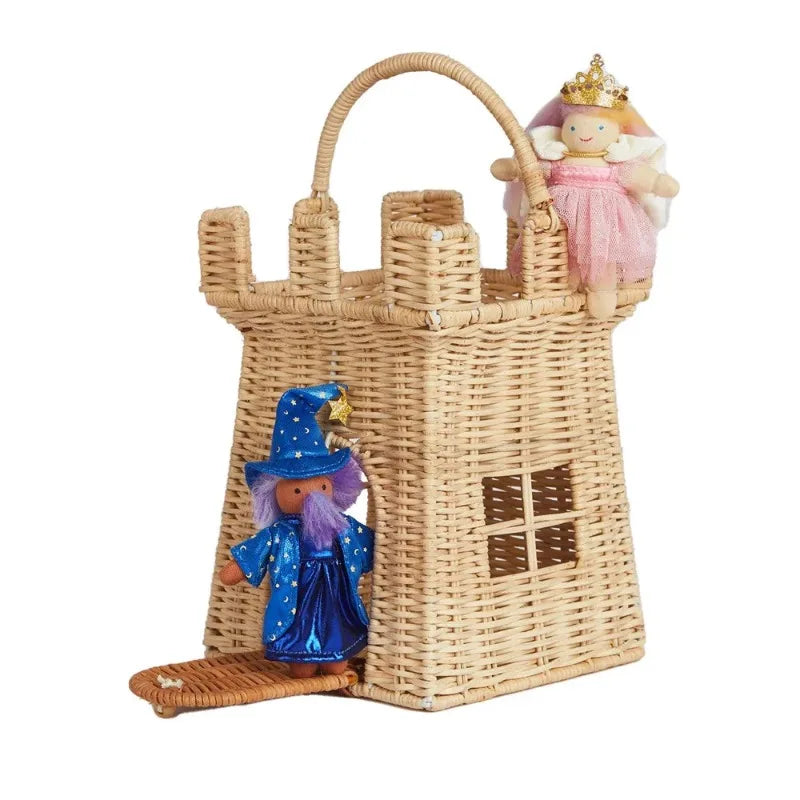 Rattan Woven Castle Bag Cute Hand Woven Storage Basket Home Decor Travel Vacation Picnic Straw Basket Kids Toys Sundry