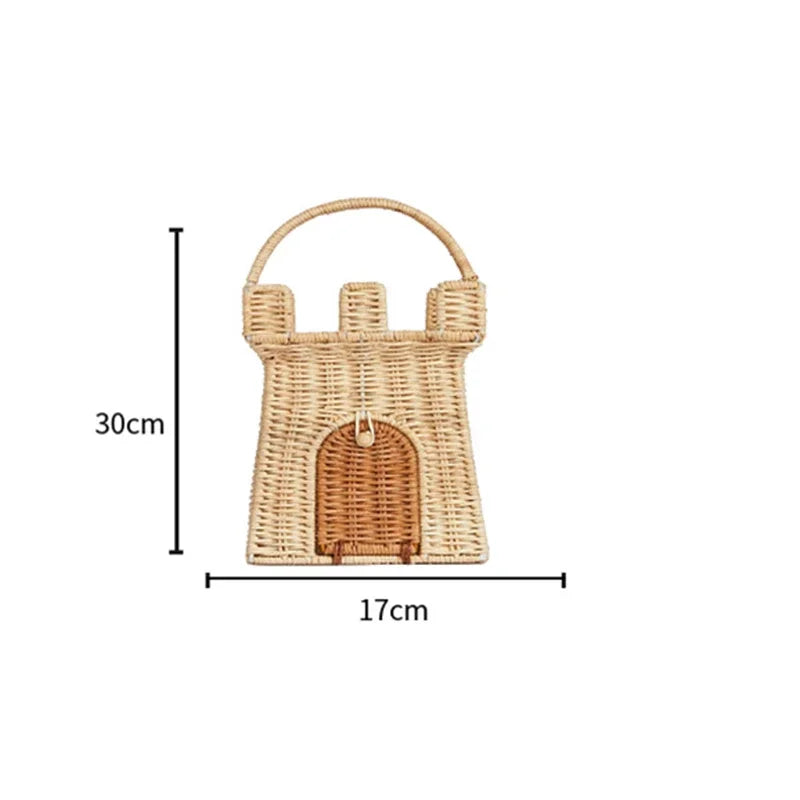 Rattan Woven Castle Bag Cute Hand Woven Storage Basket Home Decor Travel Vacation Picnic Straw Basket Kids Toys Sundry