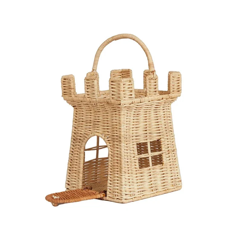 Rattan Woven Castle Bag Cute Hand Woven Storage Basket Home Decor Travel Vacation Picnic Straw Basket Kids Toys Sundry