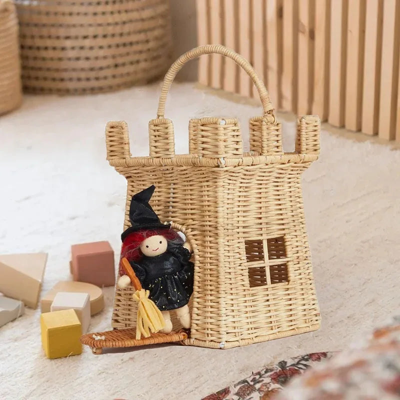 Rattan Woven Castle Bag Cute Hand Woven Storage Basket Home Decor Travel Vacation Picnic Straw Basket Kids Toys Sundry