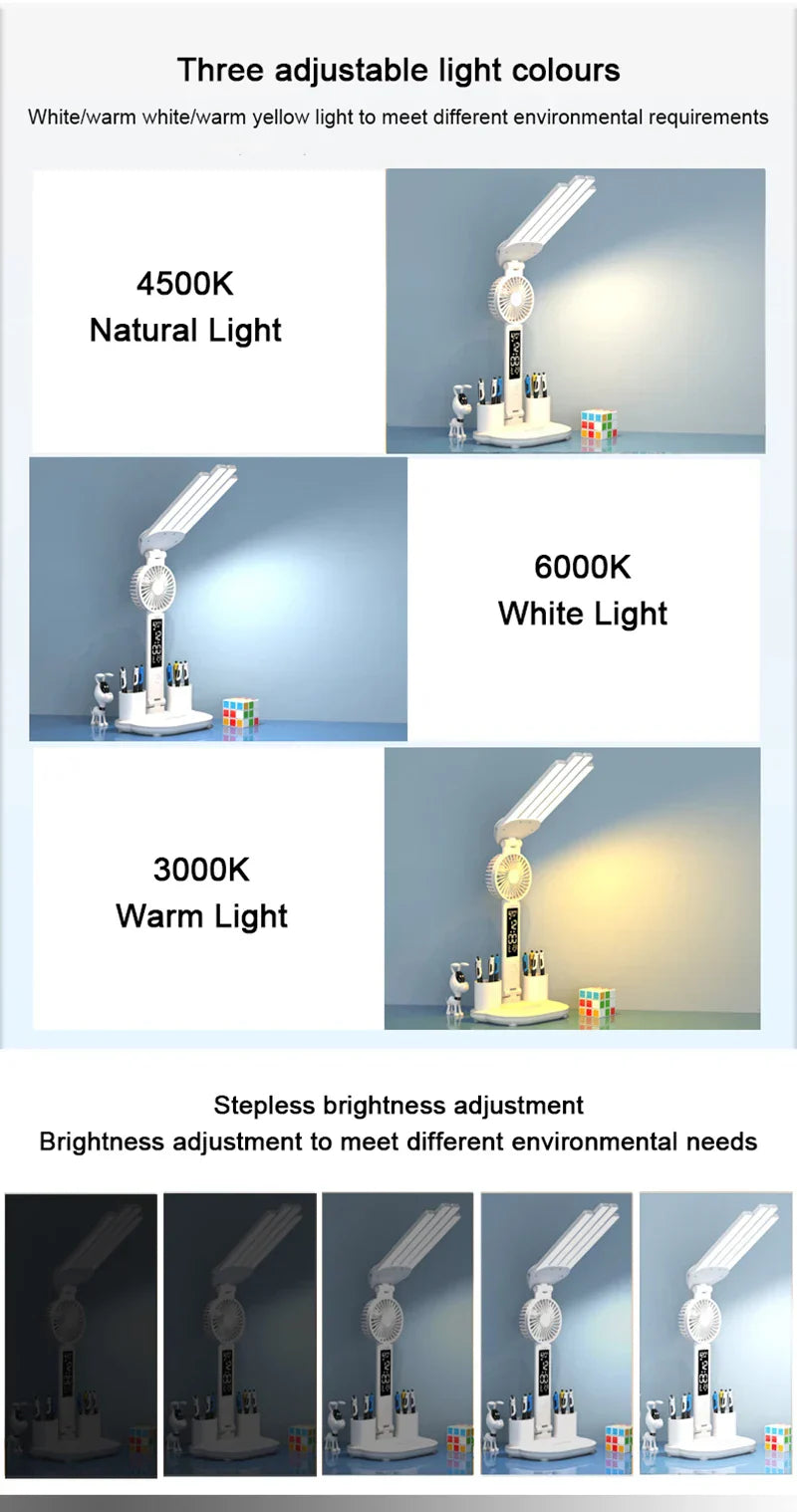 Rechargeable Table Lamp for Study Desk Lamp Reading Light Led Table Light with Fan Led Clock Dispaly Reading Lamp