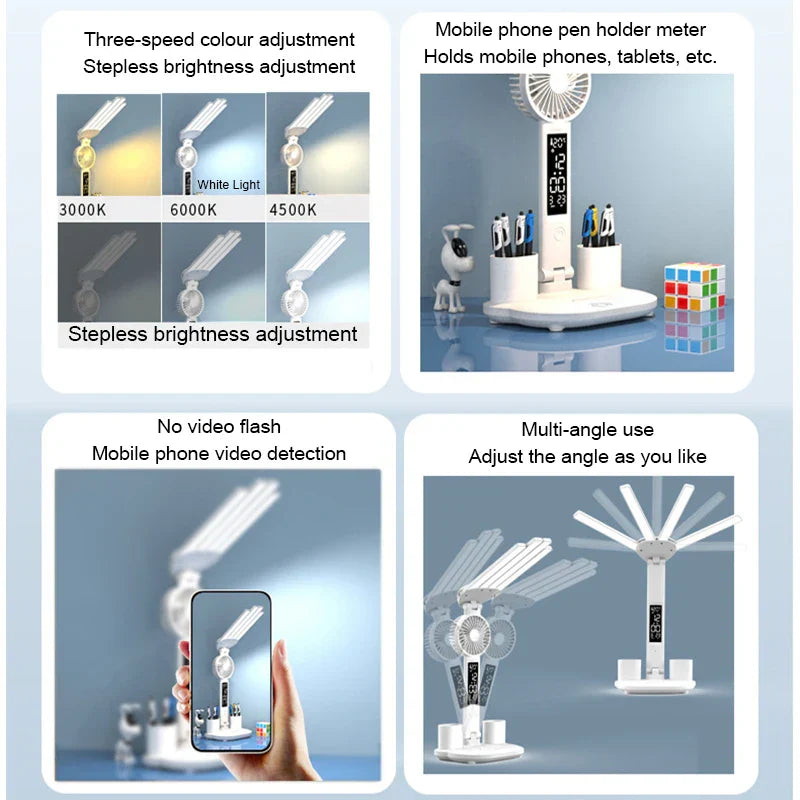 Rechargeable Table Lamp for Study Desk Lamp Reading Light Led Table Light with Fan Led Clock Dispaly Reading Lamp