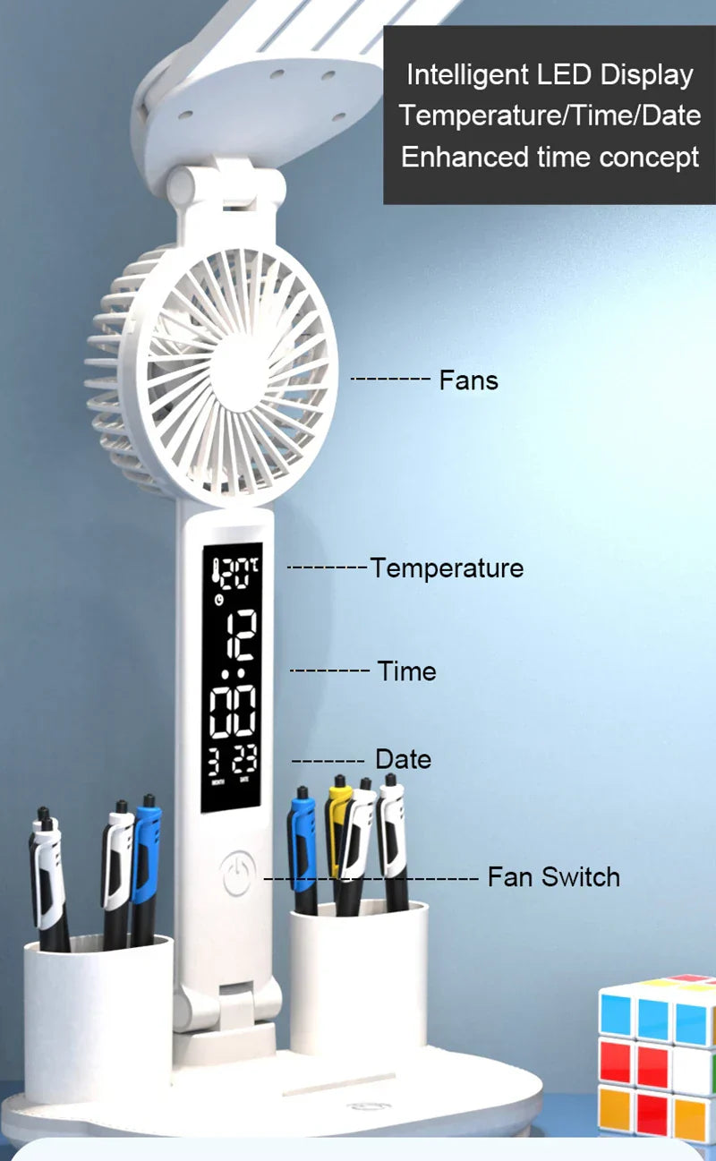 Rechargeable Table Lamp for Study Desk Lamp Reading Light Led Table Light with Fan Led Clock Dispaly Reading Lamp