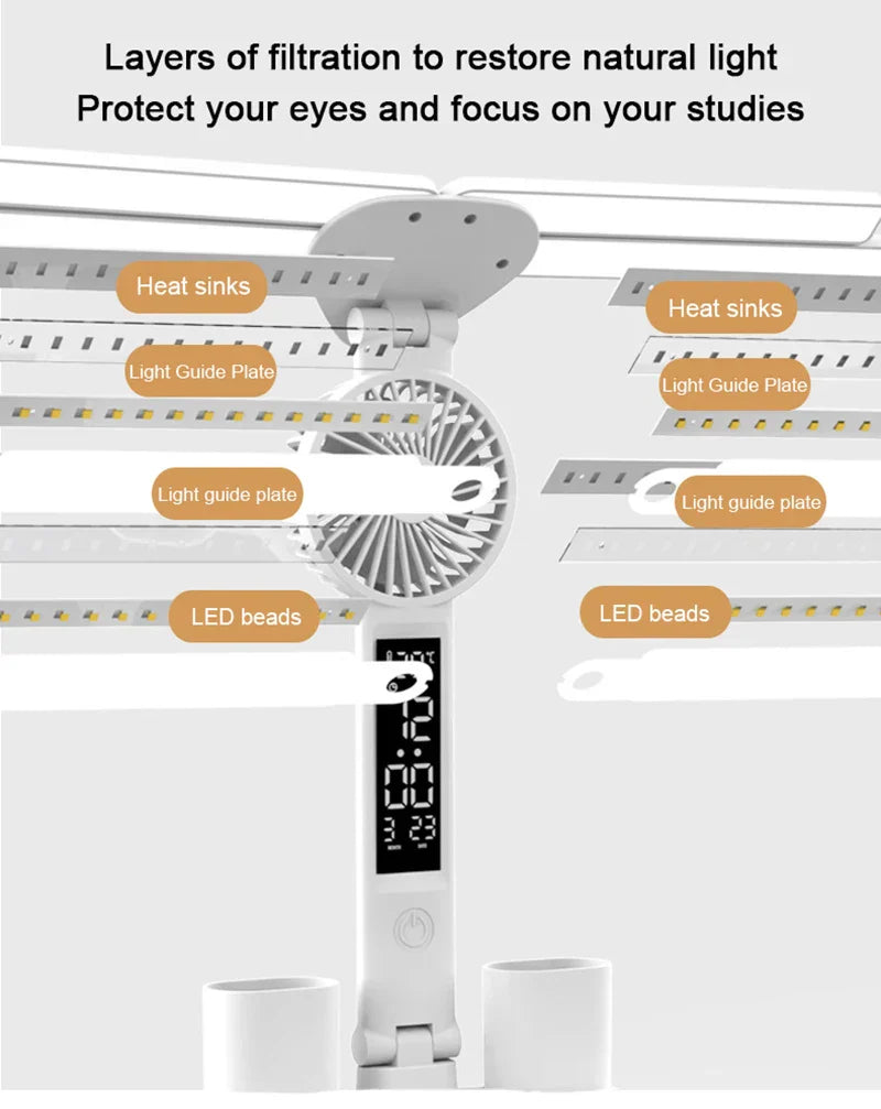 Rechargeable Table Lamp for Study Desk Lamp Reading Light Led Table Light with Fan Led Clock Dispaly Reading Lamp