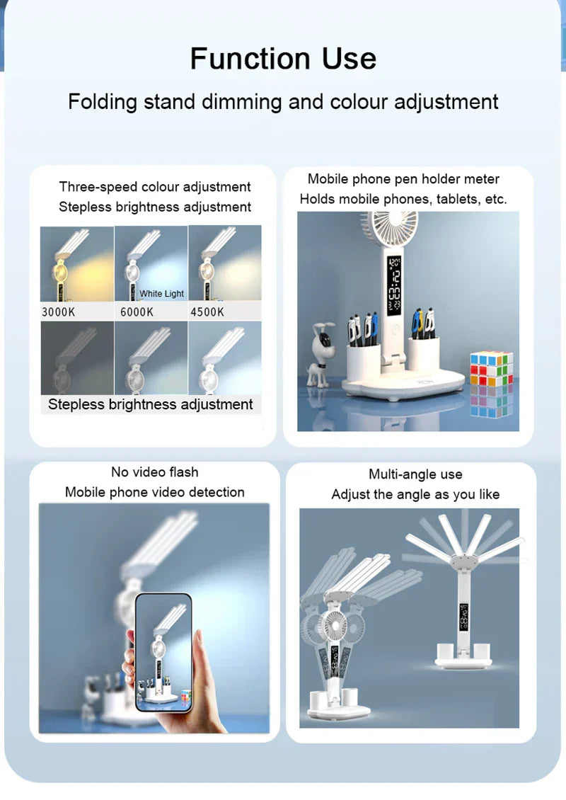 Rechargeable Table Lamp for Study Desk Lamp Reading Light Led Table Light with Fan Led Clock Dispaly Reading Lamp