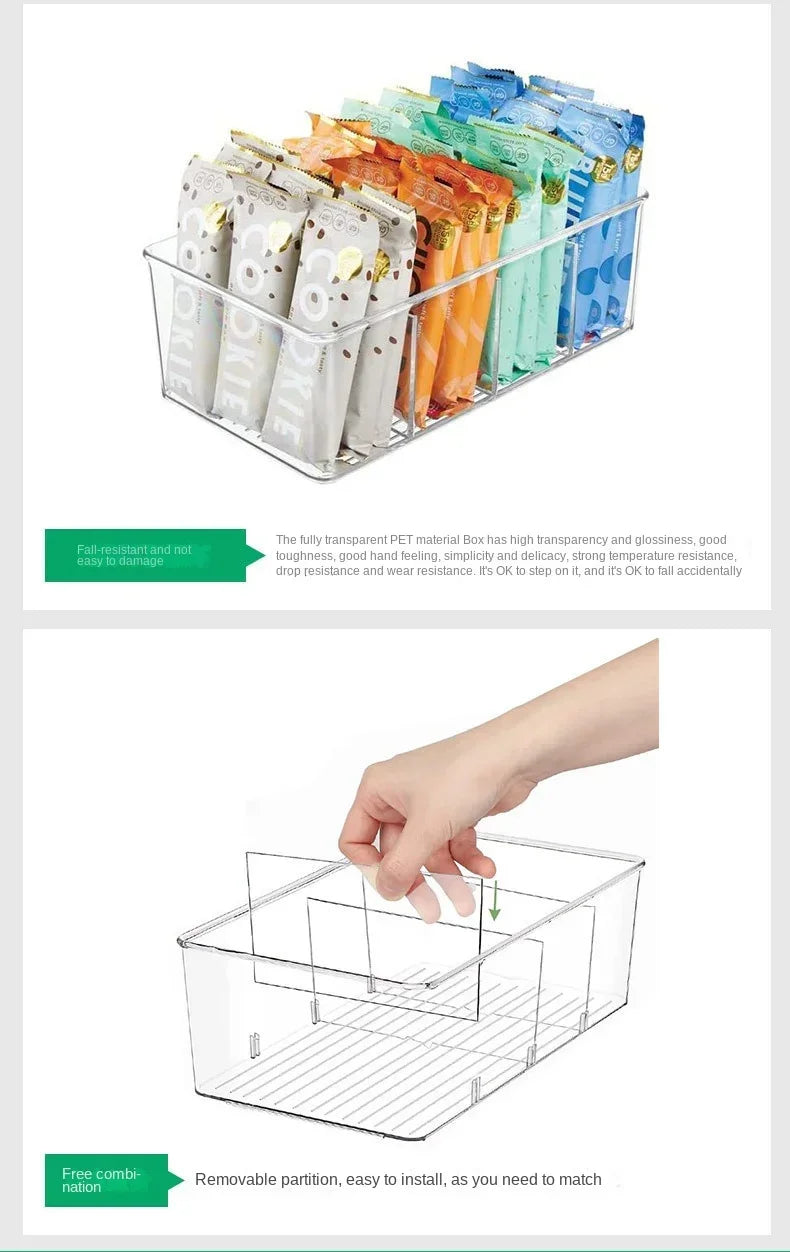 Refrigerator Organizer Bin Clear Plastic Food Storage Organizer Fridge Storage Box with Divider Freezer Pantry Kitchen