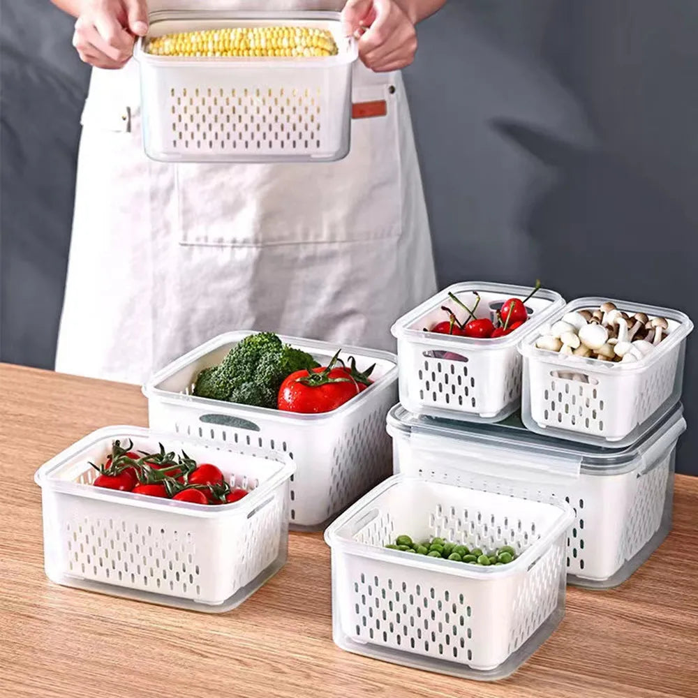 Refrigerator Storage Box Fridge Organizer Fresh Vegetable Fruit Boxes Drain Basket Storage Containers Pantry Kitchen