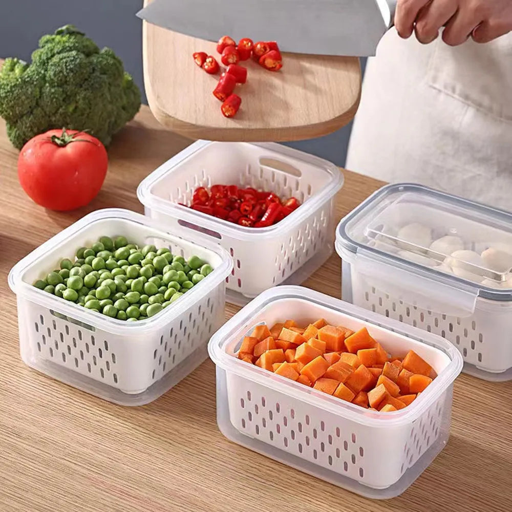 Refrigerator Storage Box Fridge Organizer Fresh Vegetable Fruit Boxes Drain Basket Storage Containers Pantry Kitchen