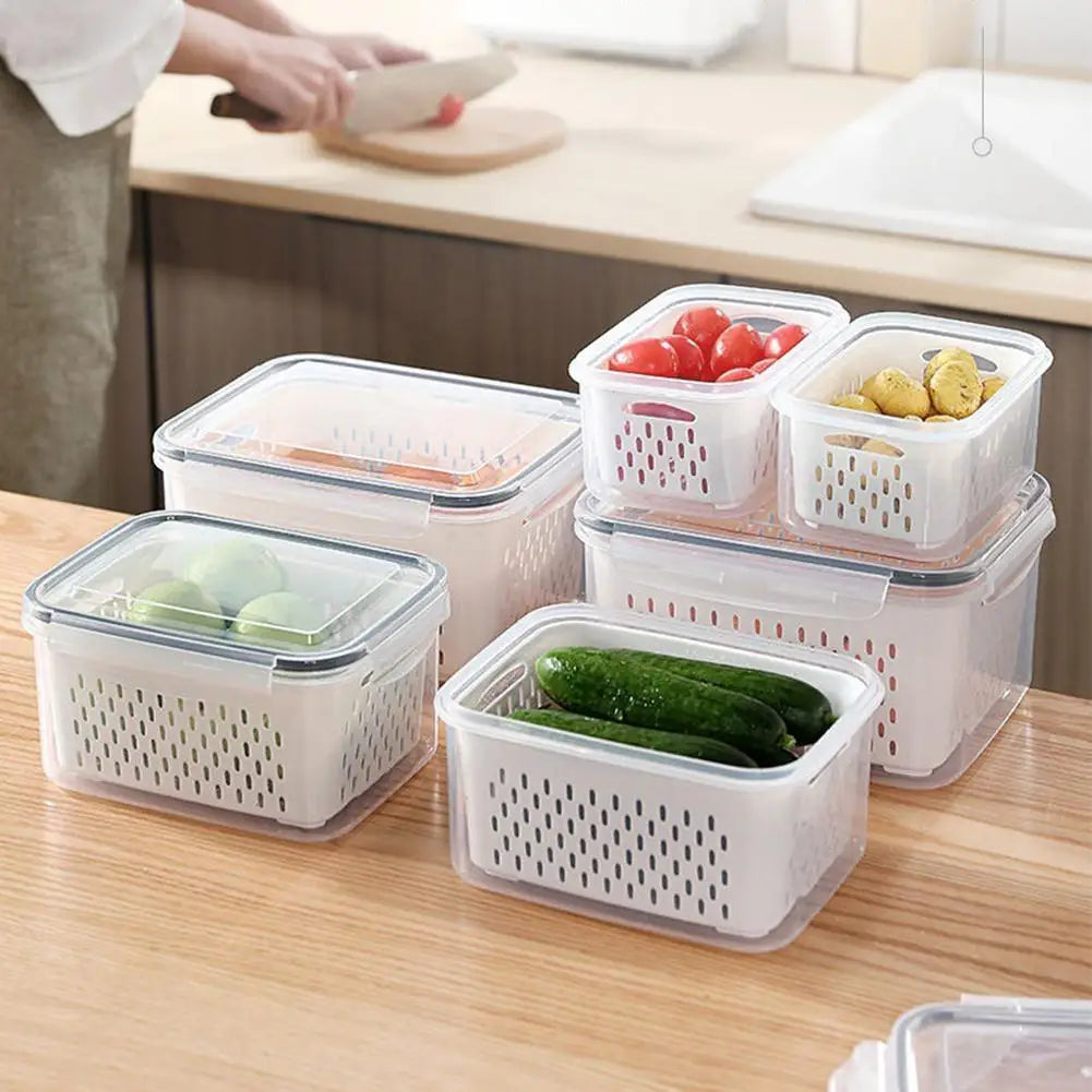 Refrigerator Storage Box Fridge Organizer Fresh Vegetable Fruit Boxes Drain Basket Storage Containers Pantry Kitchen