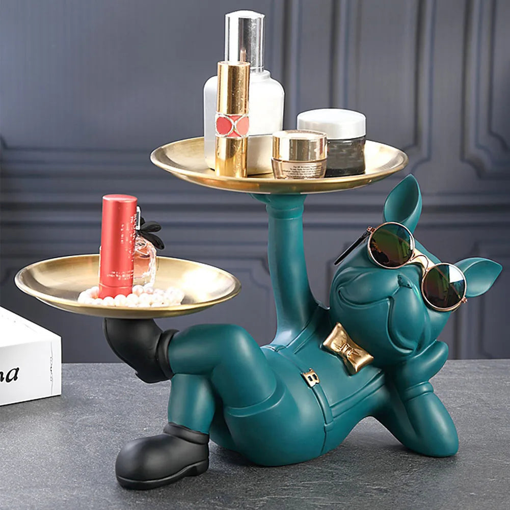 Resin French Bulldog Sculpture Table Crafts with 2 Tray Dog Butler Statue Birthday Gifts Bottom Anti-slip for Home