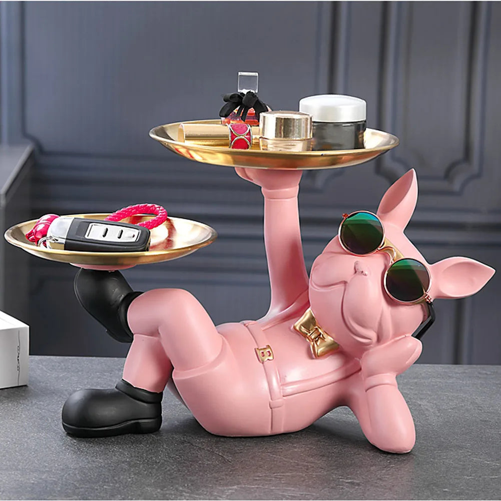 Resin French Bulldog Sculpture Table Crafts with 2 Tray Dog Butler Statue Birthday Gifts Bottom Anti-slip for Home