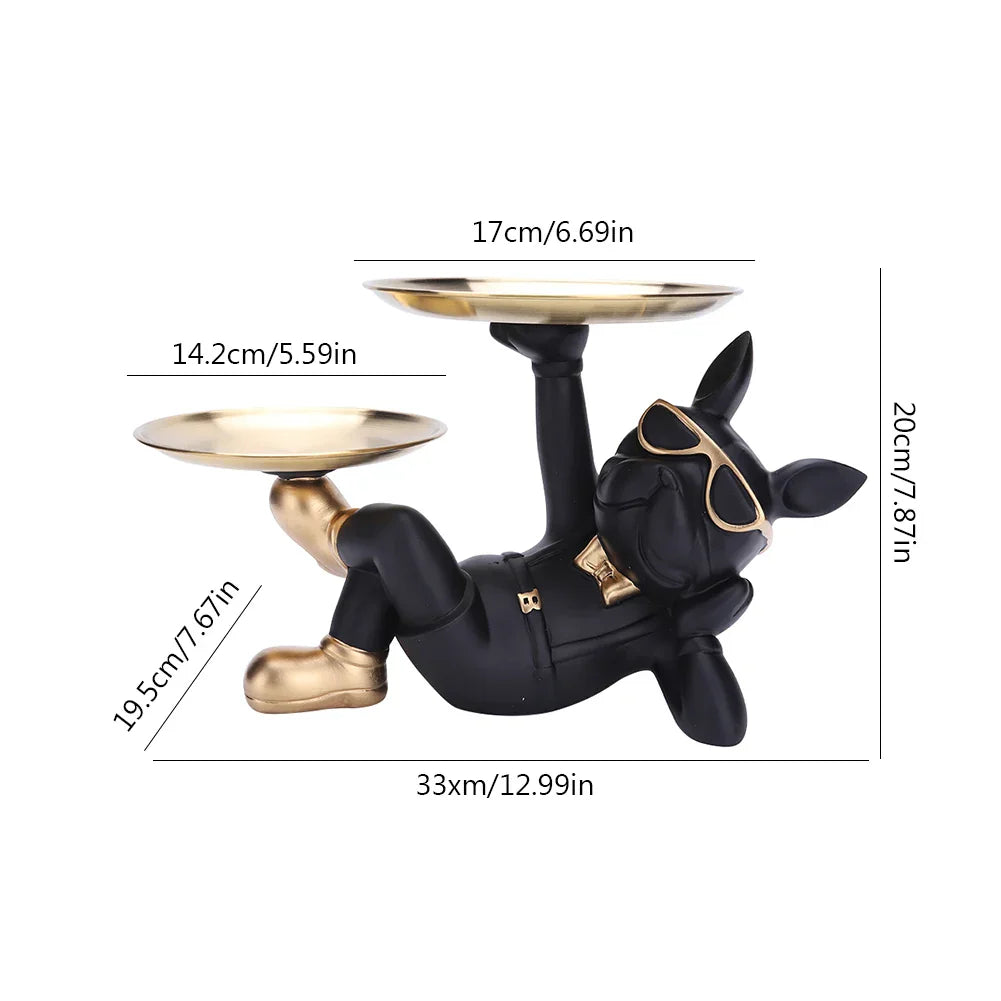 Resin French Bulldog Sculpture Table Crafts with 2 Tray Dog Butler Statue Birthday Gifts Bottom Anti-slip for Home