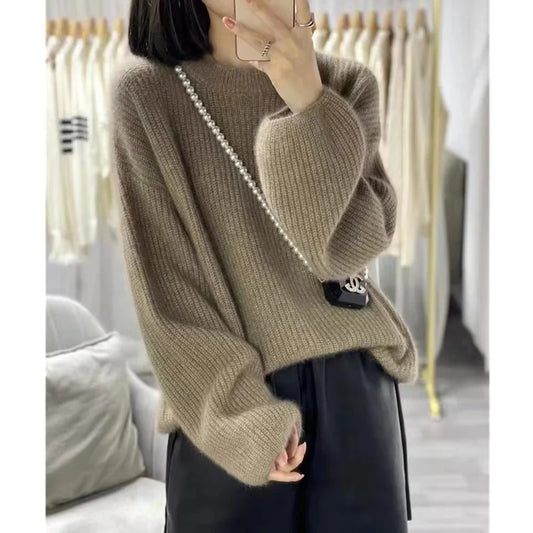 Round neck lantern sleeve knitted cashmere sweater women autumn winter Korean version lazy loose wool sweater pullover