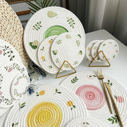 Round Table Mat Woven Ramie Placemats Anti Slip Dining Table Mats Non-Slip Tableware Bowl Pads Kitchen Drink Cup