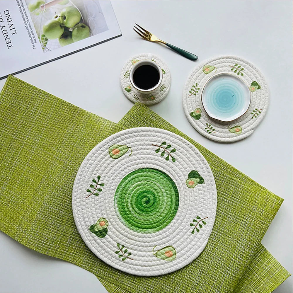 Round Table Mat Woven Ramie Placemats Anti Slip Dining Table Mats Non-Slip Tableware Bowl Pads Kitchen Drink Cup