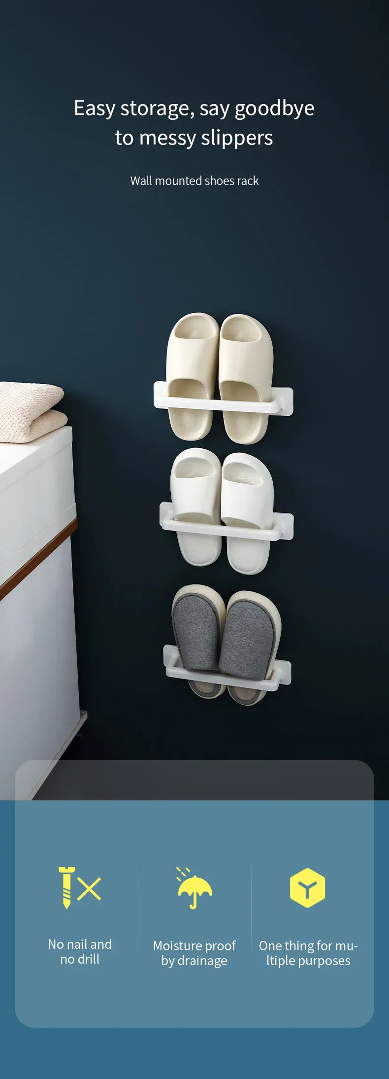 Self-Adhesive Plastic Bathroom Slippers Wall-Mounted Shoe Rack Storage Shoe Rack For Slippers Towels Multi-Purpose Pot