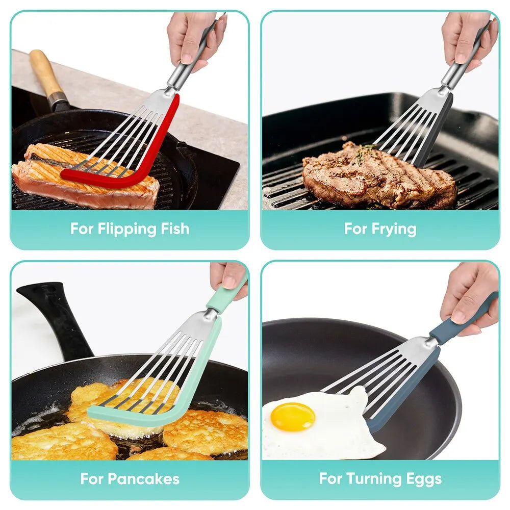 Silicone Fish Spatula Stainless Steel Slotted Turner with Soft Edge Heat Resistant Kitchen Cooking Tools Utensil