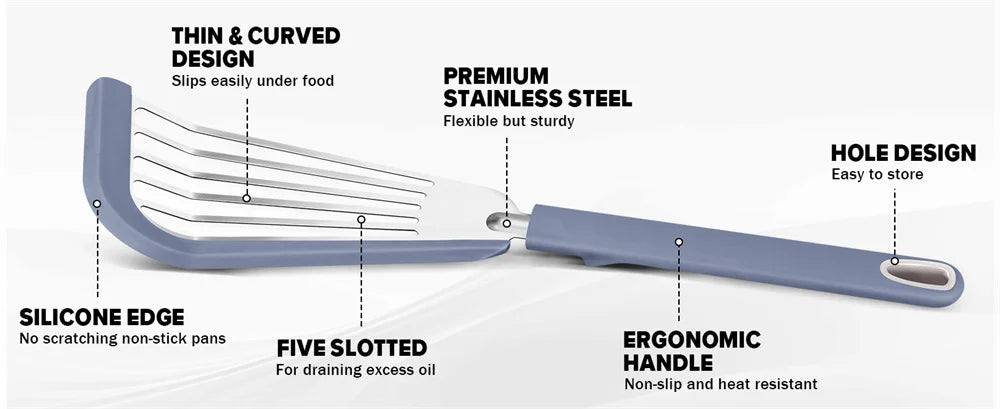 Silicone Spatula Fish Frying Spatula Stainless Steel Non-stick Spatula Soft Edge Steak Pancake Flipping Spatula Cooking