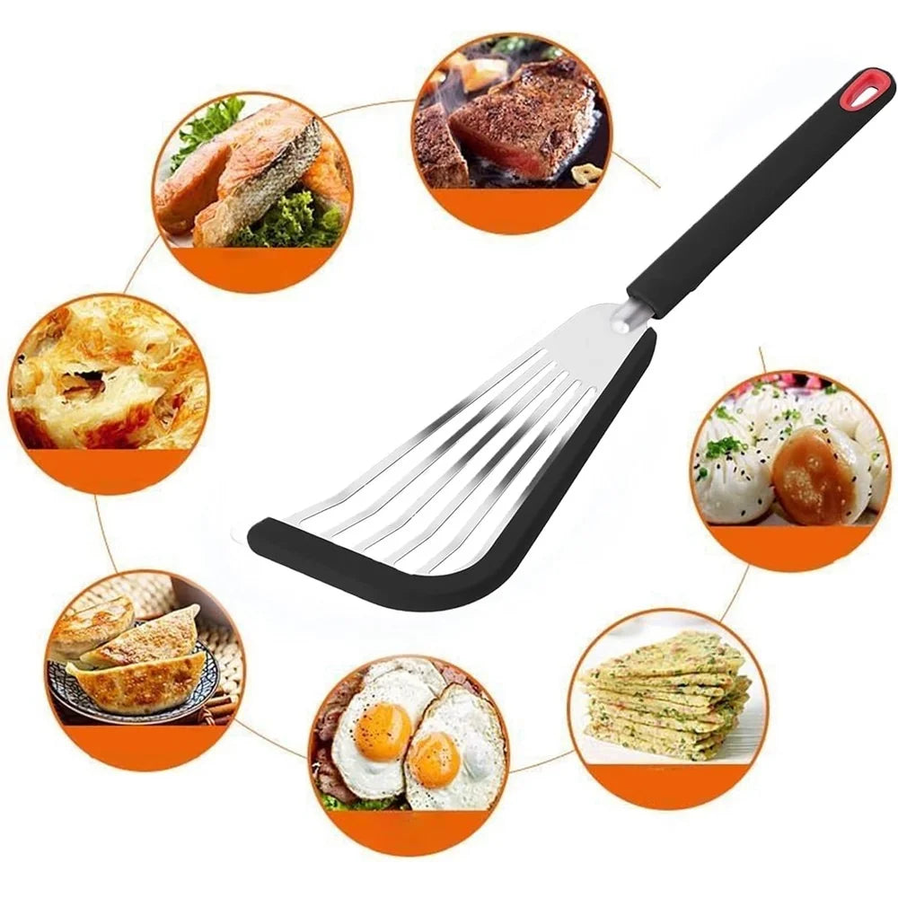 Silicone Spatula Fish Frying Spatula Stainless Steel Non-stick Spatula Soft Edge Steak Pancake Flipping Spatula Cooking