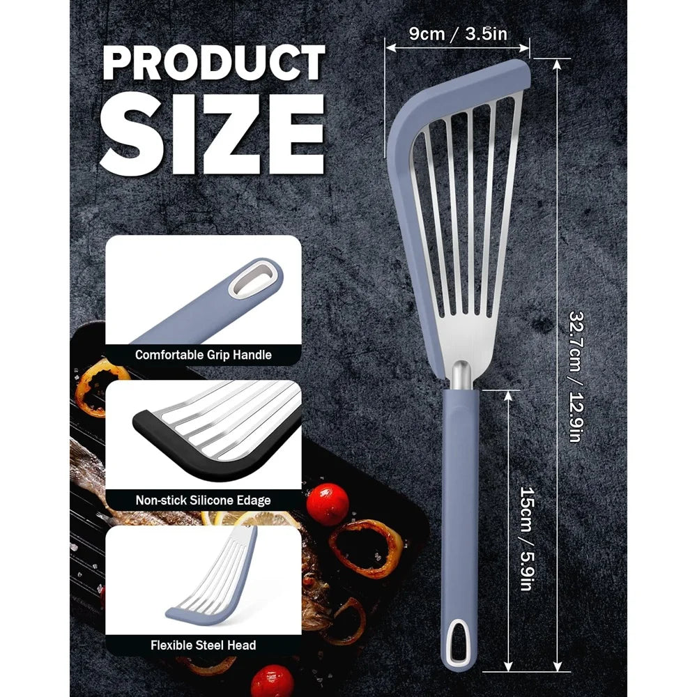 Silicone Spatula Fish Frying Spatula Stainless Steel Non-stick Spatula Soft Edge Steak Pancake Flipping Spatula Cooking