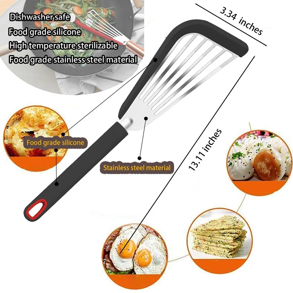 Silicone Spatula Fish Frying Spatula Stainless Steel Non-stick Spatula Soft Edge Steak Pancake Flipping Spatula Cooking