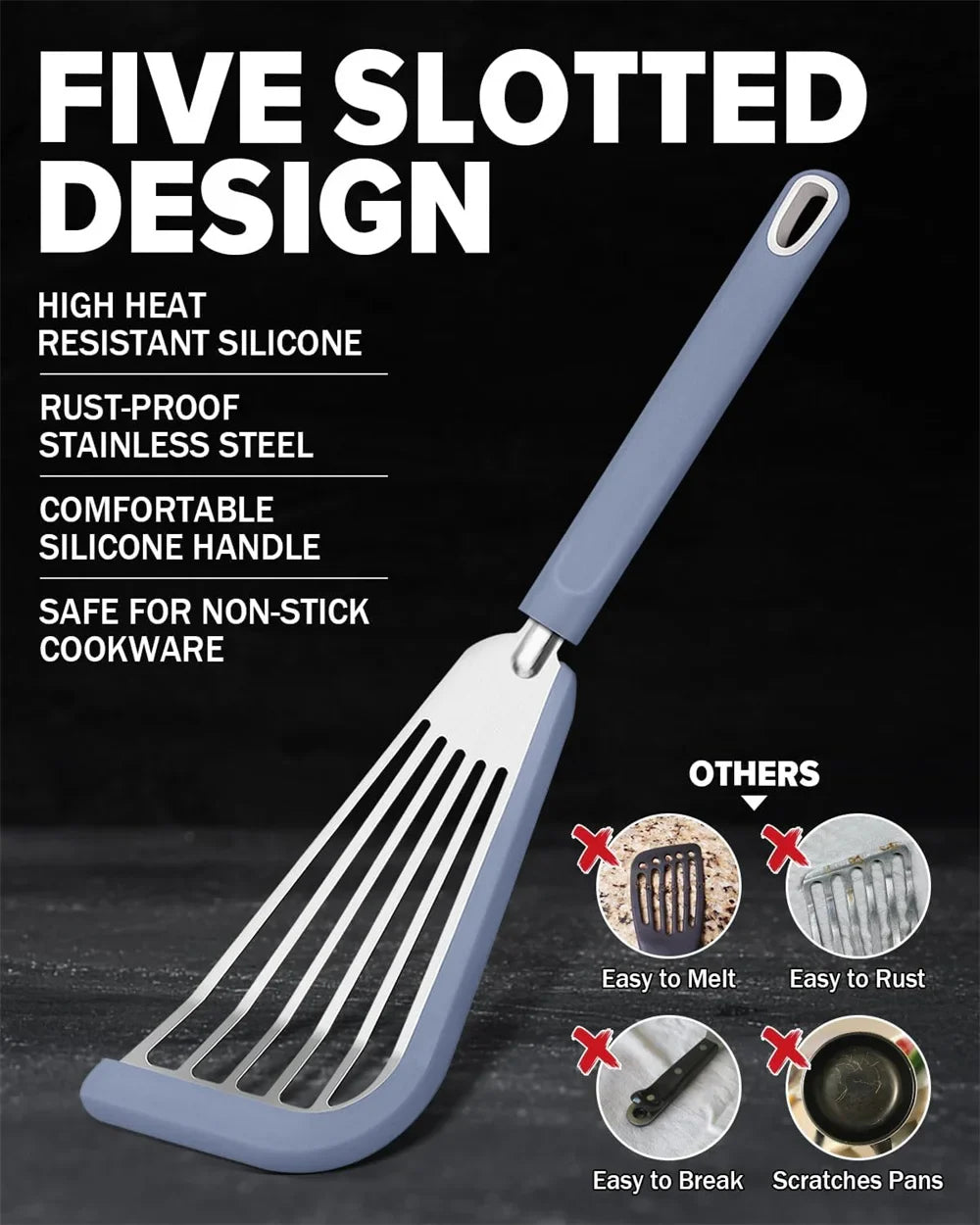 Silicone Spatula Fish Frying Spatula Stainless Steel Non-stick Spatula Soft Edge Steak Pancake Flipping Spatula Cooking